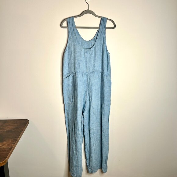 Flax 100% Linen Blue Chambray Oversized Jumpsuit Large Front Pockets Boho Sz S - Picture 5 of 5